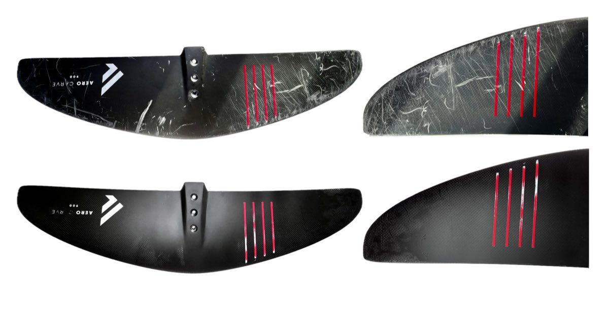 A front wing and stabiliser covered in scratches, and the same set after a total restoration