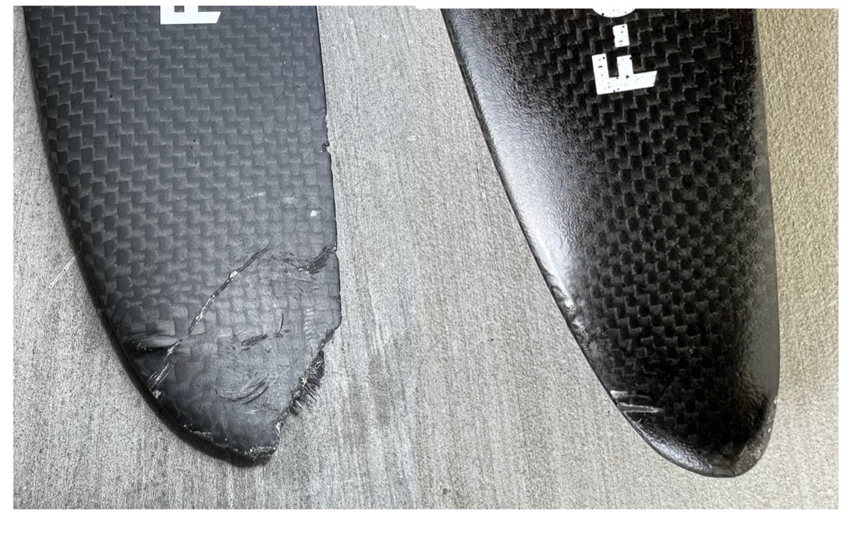 A chipped carbon front wing tip before repair and rebuilt afterwards