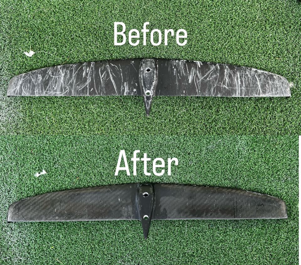 A scratched stabiliser wing before repair and the same wing refinished afterwards